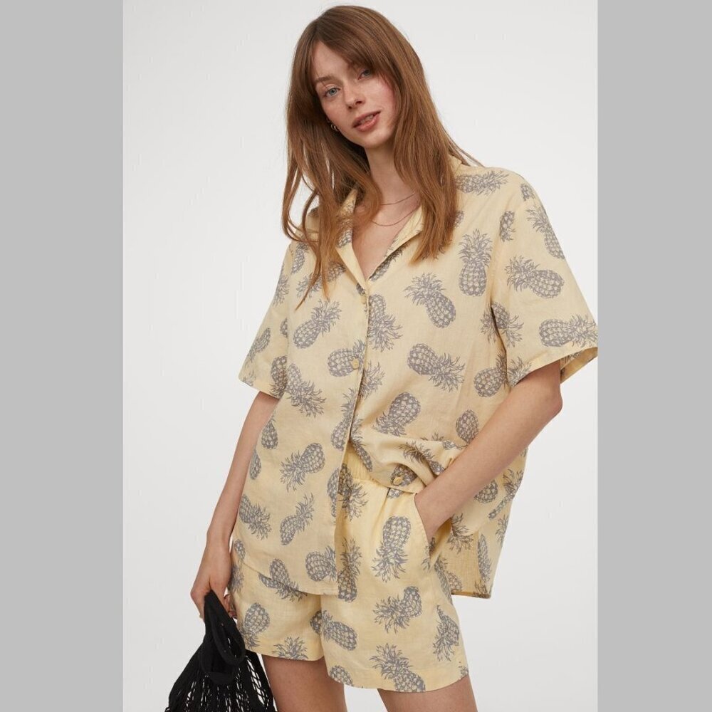 H&M Linen Cotton Pineapple Print Resort Shirt Yellow Tropicalcore XS Oversized